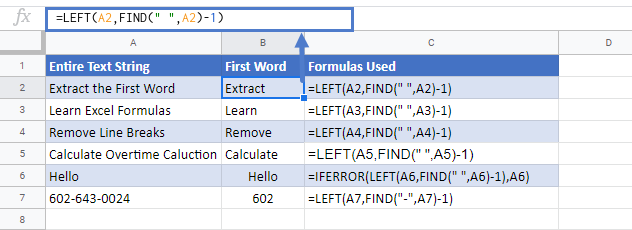 Extract First Word In Google Sheets