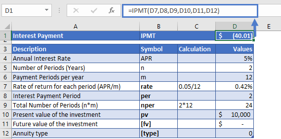 IPMT Excel function example 1