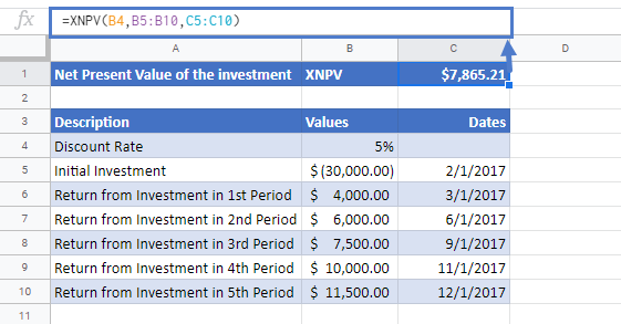 XNPV Function Google Sheets