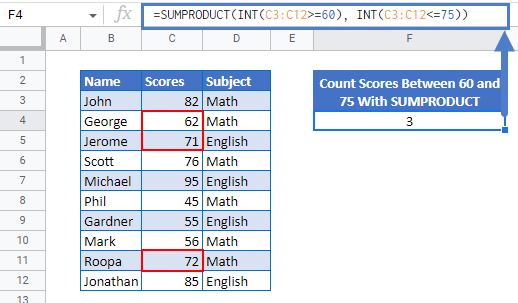 Count Cells Between Two Numbers Sumproduct in Google Sheets