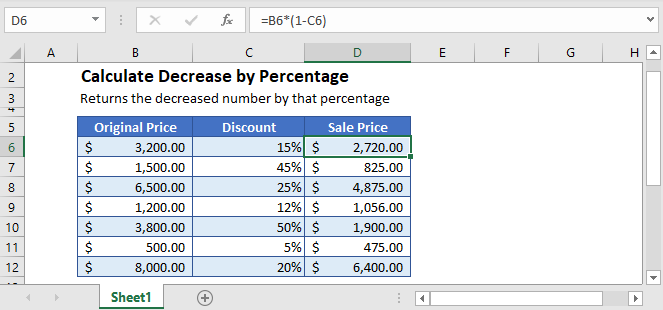 Decrease Number by Percentage in Excel
