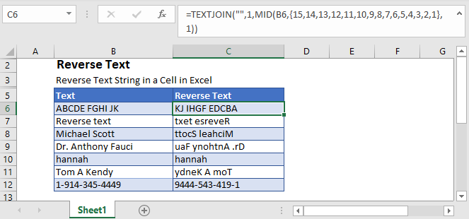 Reverse Text in Excel