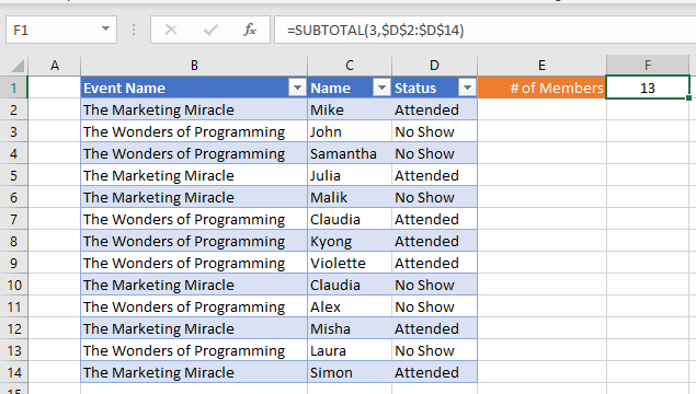 SUBTOTAL COUNT Excel