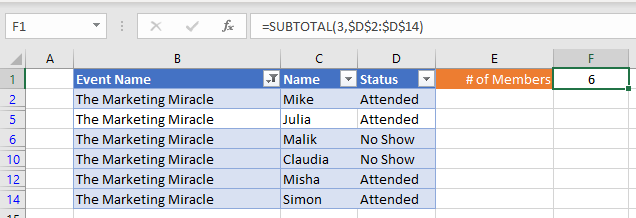 SUBTOTAL COUNT Filtered