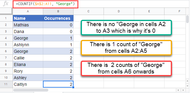 count occurrences in excel google sheets