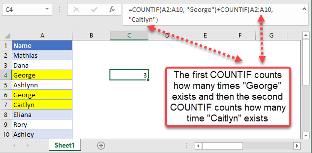 countif excel equal to x or y example