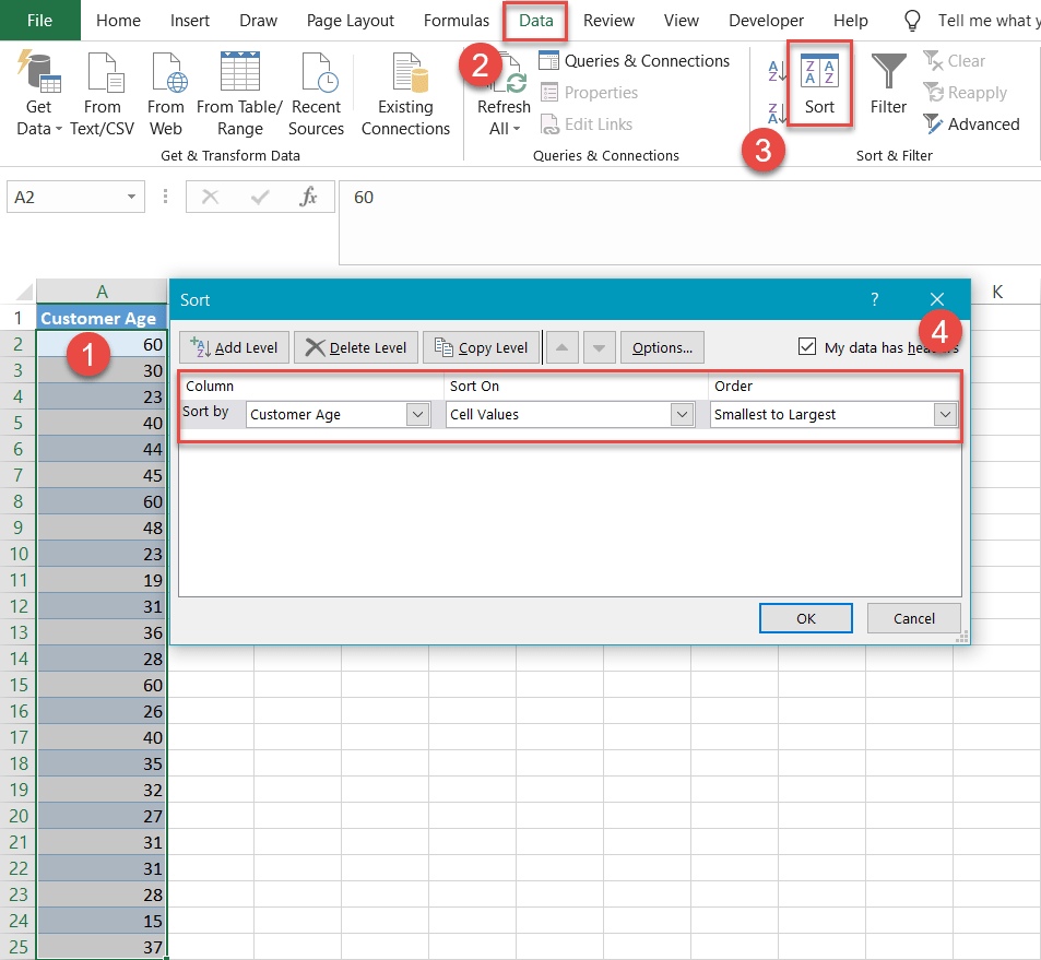 Sort the values in ascending order