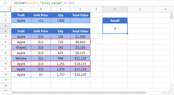 DCOUNT Google Function