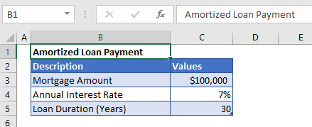 Amortized Payment example data