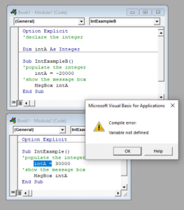 vba integer declaration notdefined