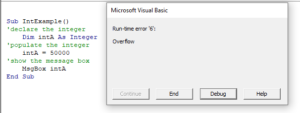 vba integer intexample overflow error