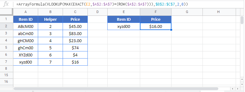 Case Sensitive VLookup Google