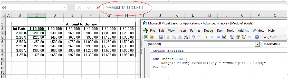 vba matrix formula array