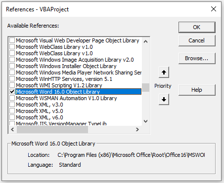 vba reference word object library