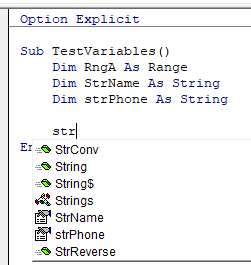 vba shortcuts auto complete