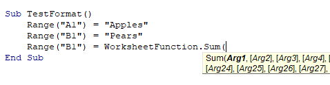 vba shortcuts function intellisense