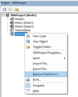 vba vbe delete userform