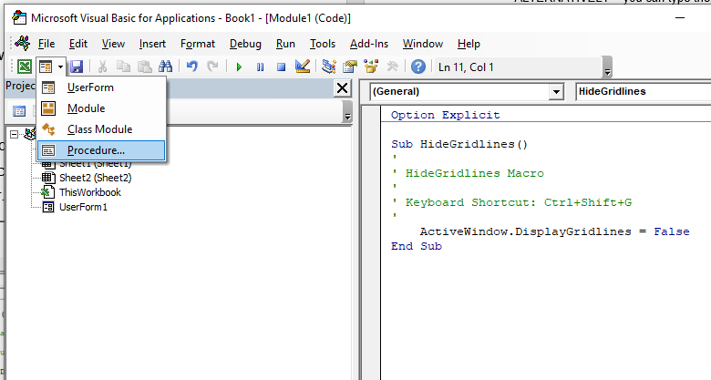 vba vbe insert procedure 2