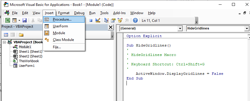 vba vbe insert procedure