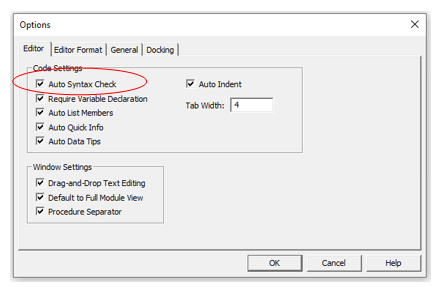 vba vbe options syntax