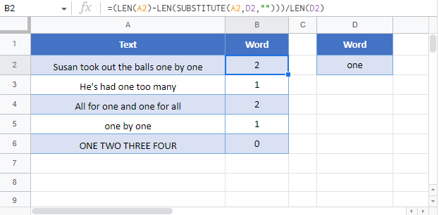 count times word appears in cell google sheets