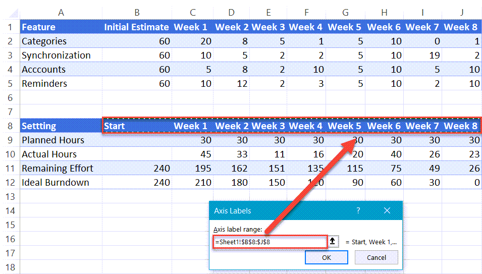 Modify horizontal axis labels in Excel