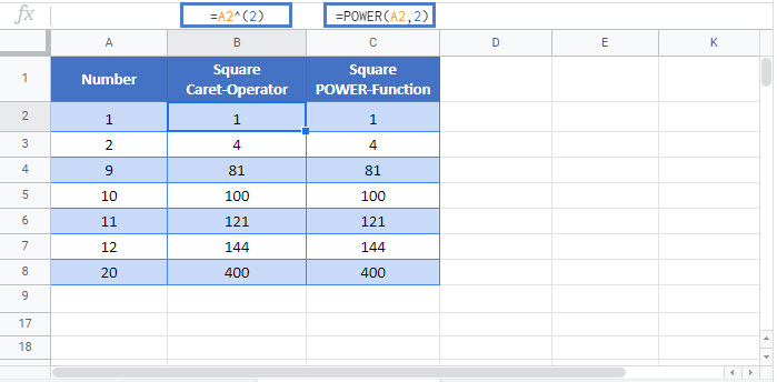 square numbers Google Function