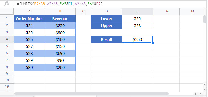 sum if between values Google Function