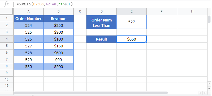 sum if less than Google Sheet