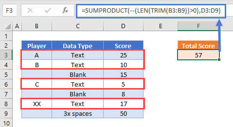 SUMPRODUCT Not Blank or Spaces