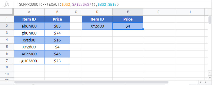 case sensitive lookup Google Function