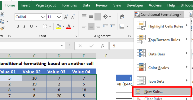 conditional formatting based on another cell menu