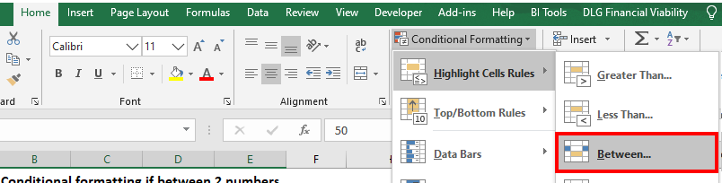 conditional formatting between two numbers between rule menu