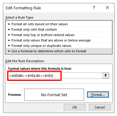 conditional formatting between two numbers formula