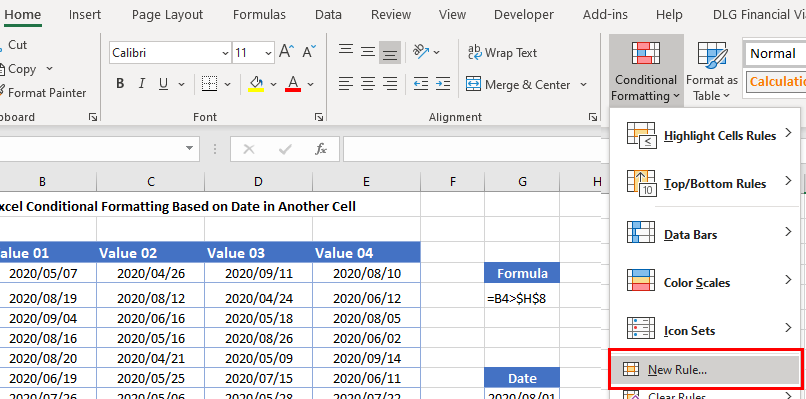 conditional formatting date in cell menu