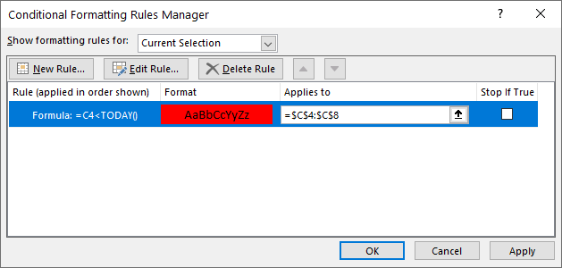 conditional formatting dates overdue today function rule manager