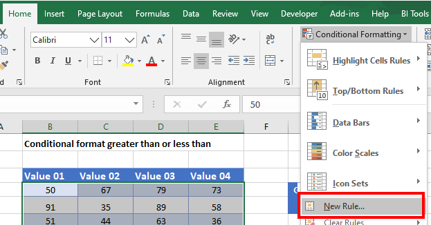 conditional formatting greater less than menu