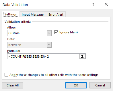 data validation countif settings