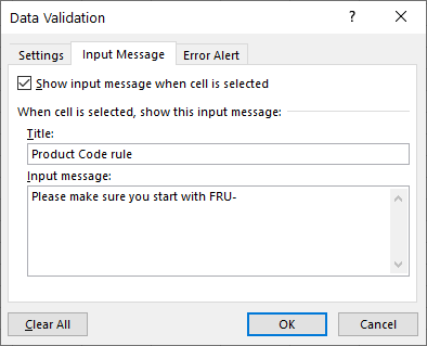 data validation dialog box - input message