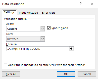 data validation does not exceed settings