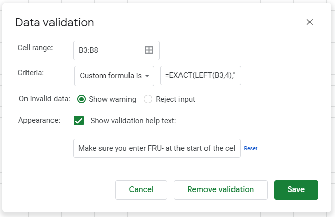 data validation exact google sheets validation