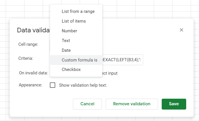 data validation exact google sheets formula