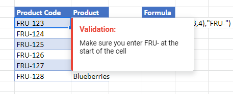 data validation exact google sheets message