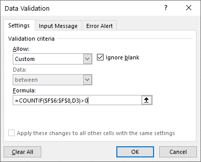 data validation exists in list settings