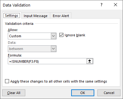 data validation is number settings