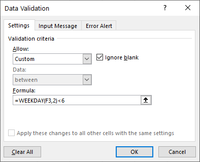 data validation weekdays only settings