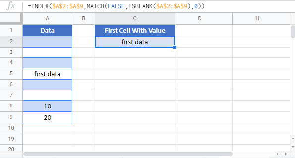 find first cell with any value Google Function