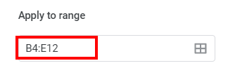 google docs conditional formatting based on another cell apply to range