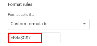 google docs conditional formatting based on another cell custom formula