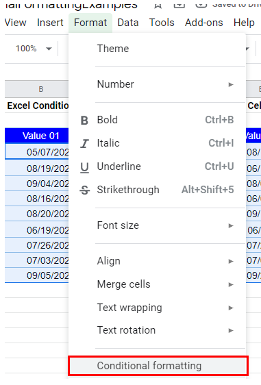 google sheets conditional formatting date in cell menu